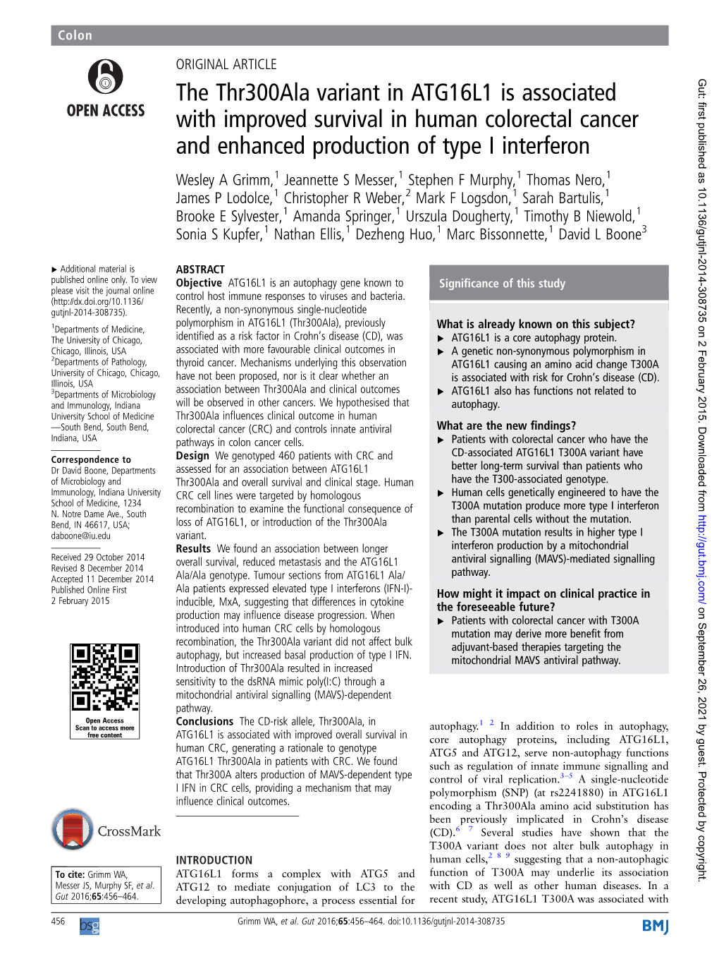 The Thr300ala Variant in ATG16L1 Is Associated with Improved Survival