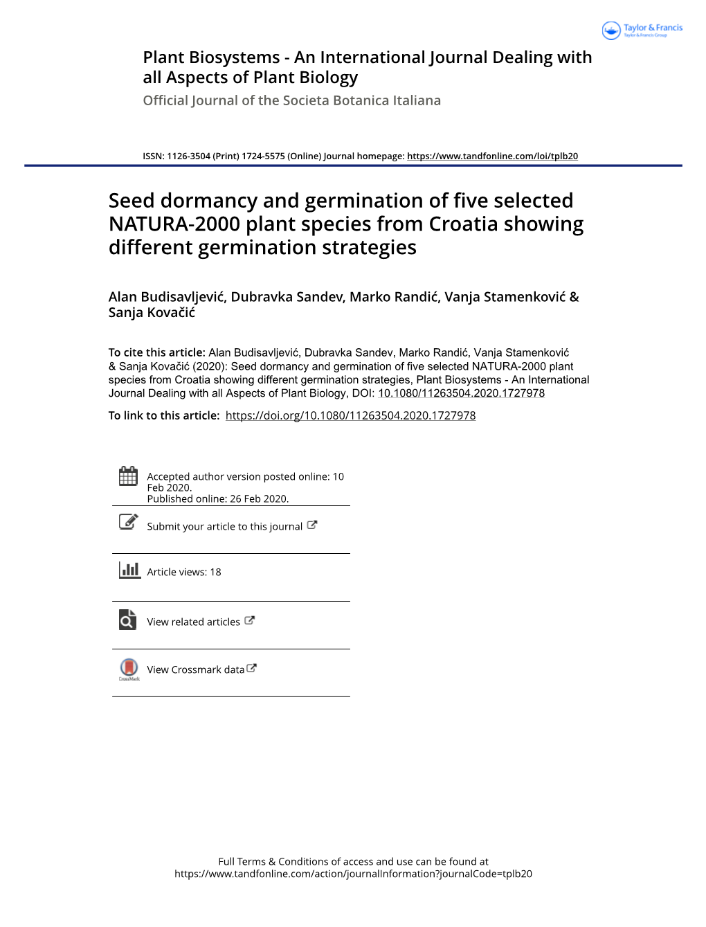 Seed Dormancy and Germination of Five Selected NATURA-2000 Plant Species from Croatia Showing Different Germination Strategies