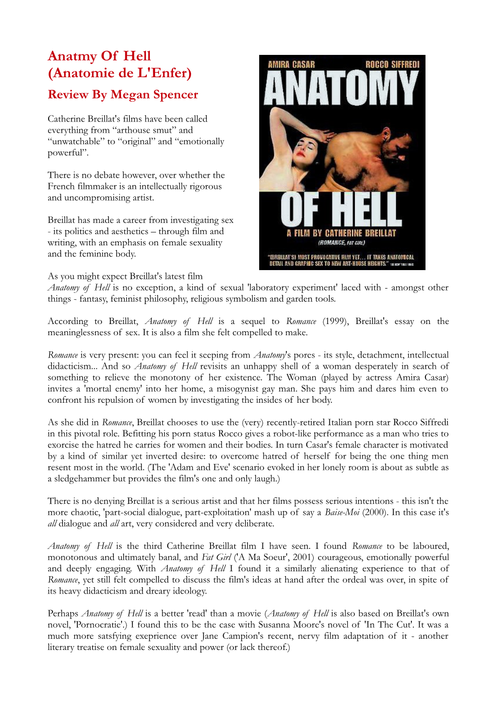 Anatmy of Hell (Anatomie De L'enfer) Review by Megan Spencer