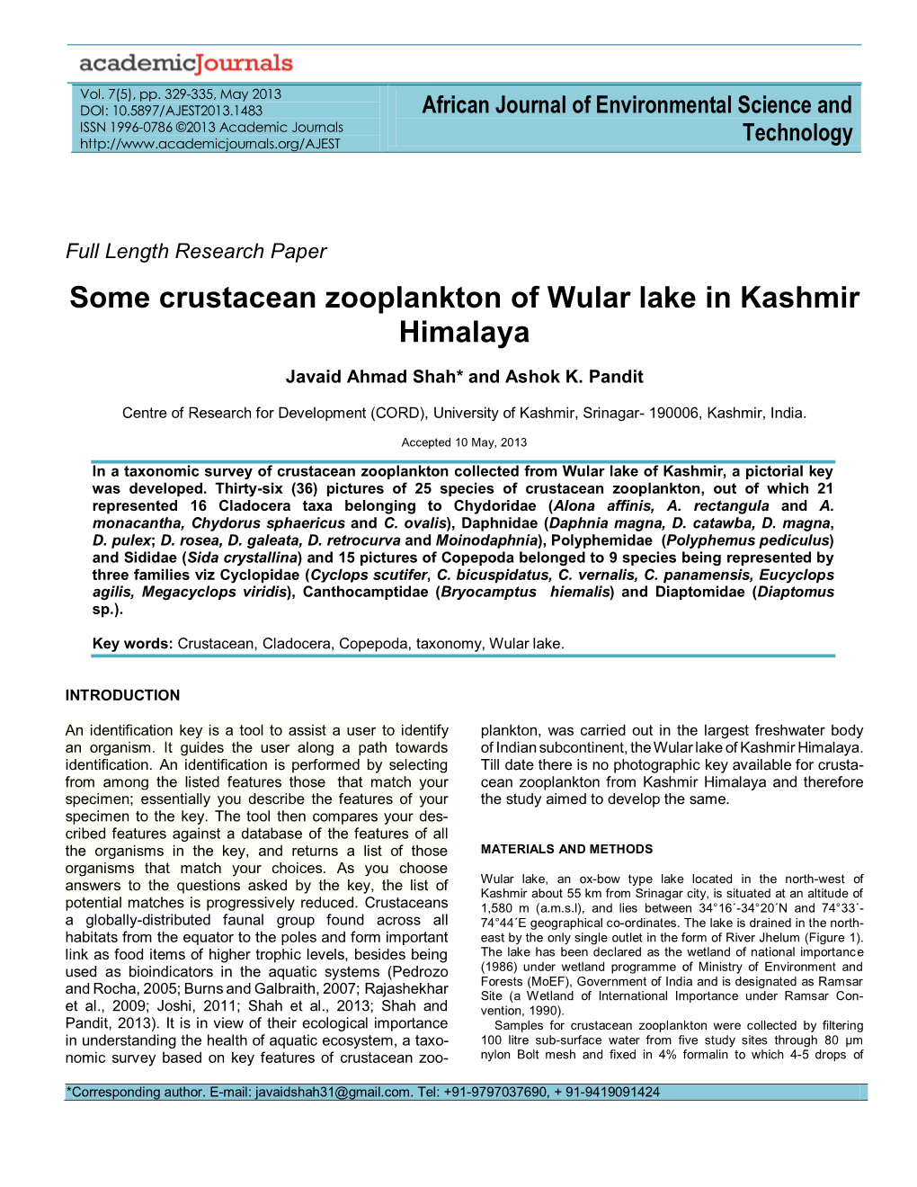 Some Crustacean Zooplankton of Wular Lake in Kashmir Himalaya