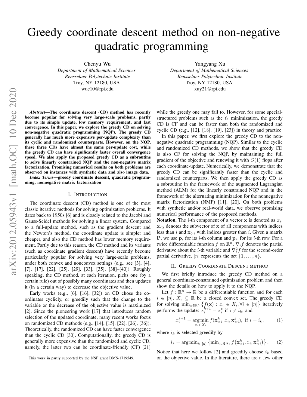 Greedy Coordinate Descent Method on Non-Negative Quadratic Programming