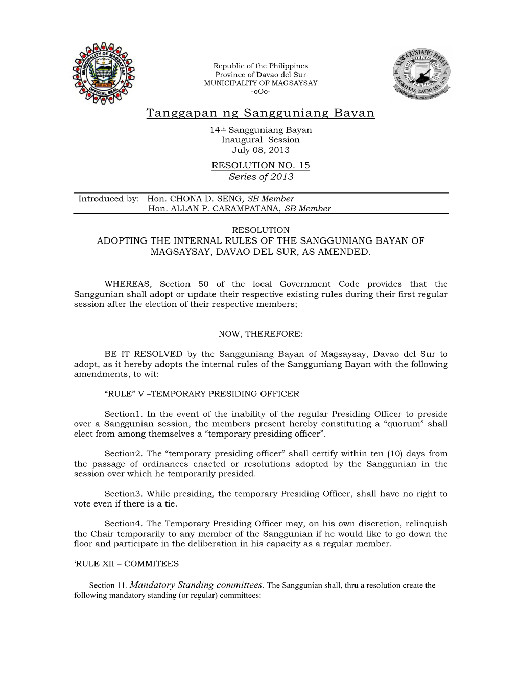 Resolution Adopting the Internal Rules of the Sangguniang Bayan of Magsaysay, Davao Del Sur, As Amended
