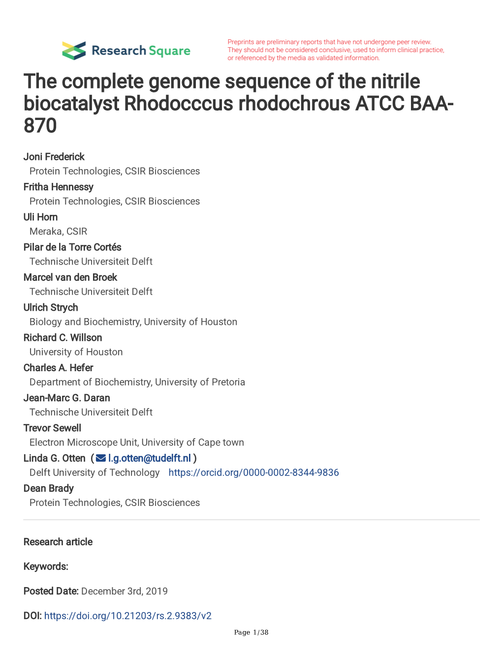 The Complete Genome Sequence of the Nitrile Biocatalyst Rhodocccus Rhodochrous ATCC BAA- 870