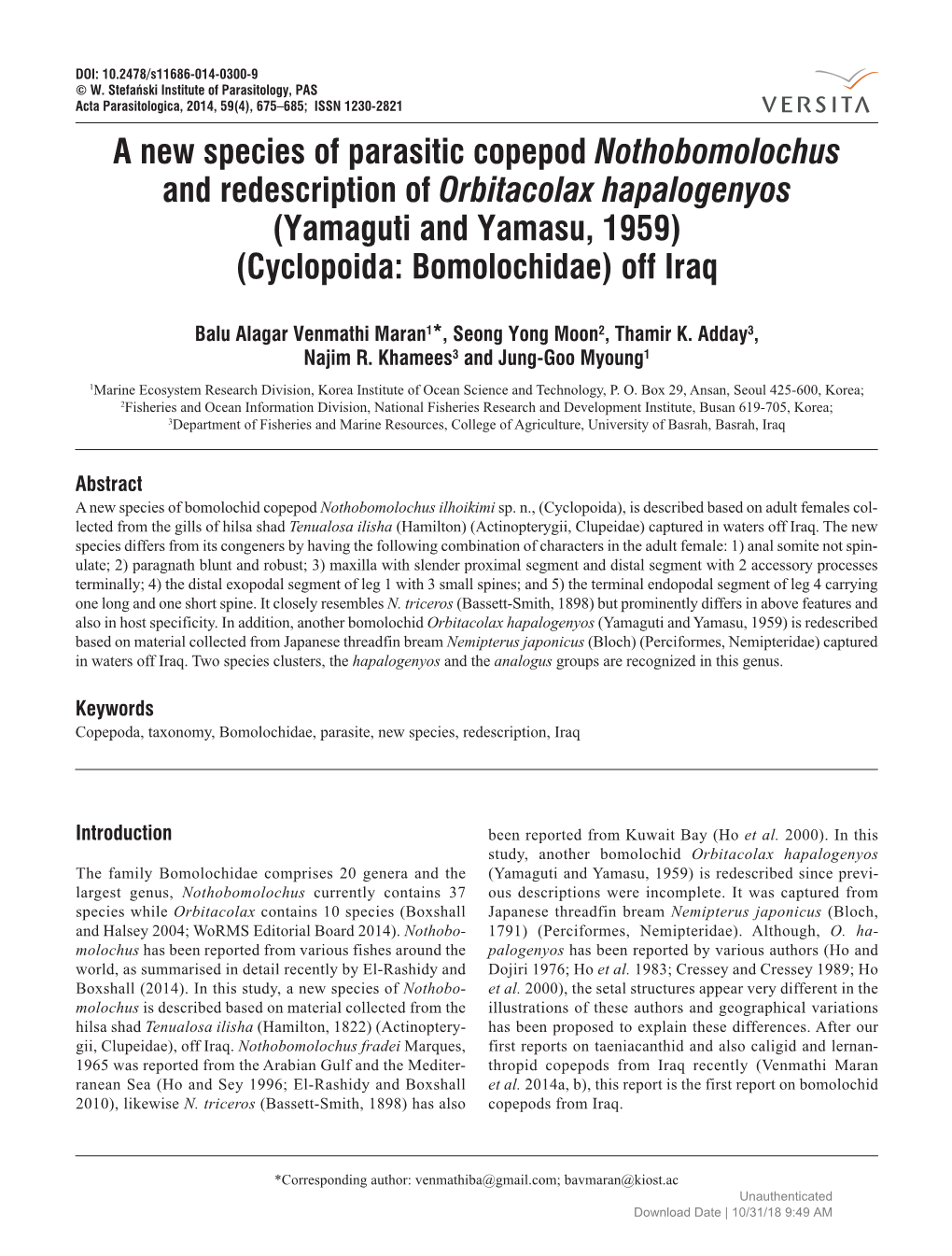 A New Species of Parasitic Copepod Nothobomolochus and Redescription of Orbitacolax Hapalogenyos (Yamaguti and Yamasu, 1959) (Cyclopoida: Bomolochidae) Off Iraq