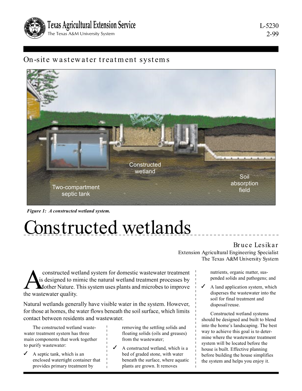 Constructed Wetlands Bruce Lesikar Extension Agricultural Engineering Specialist the Texas A&M University System