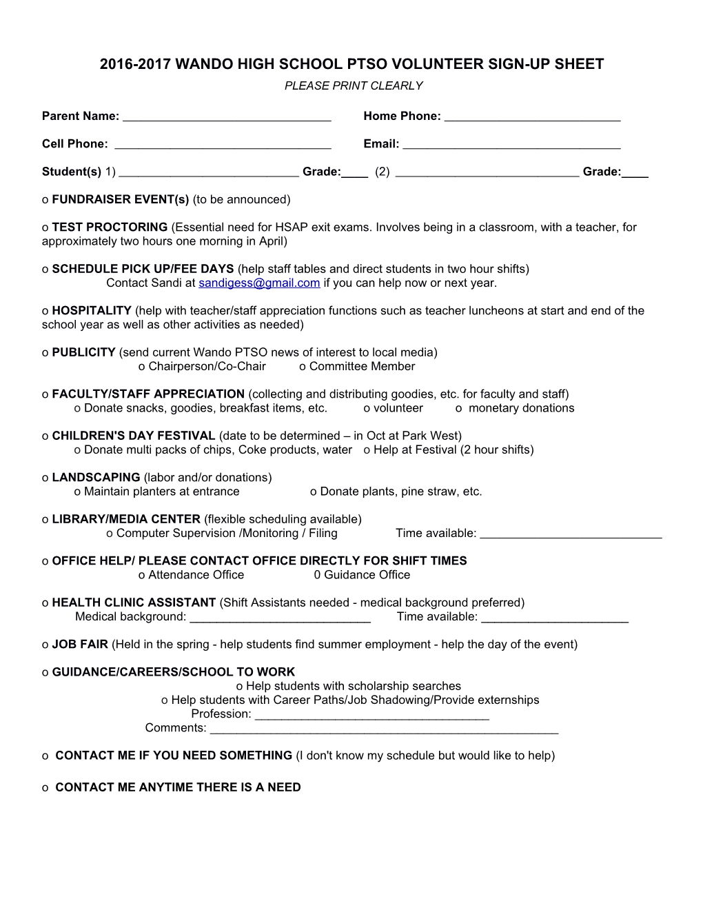 2016-2017 Wando High School Ptso Volunteer Sign-Up Sheet