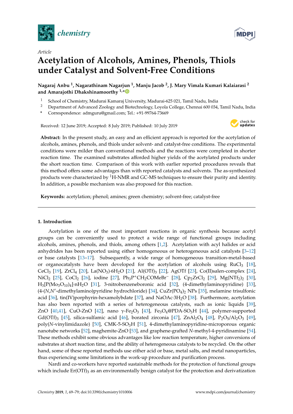 Acetylation of Alcohols, Amines, Phenols, Thiols Under Catalyst and Solvent-Free Conditions