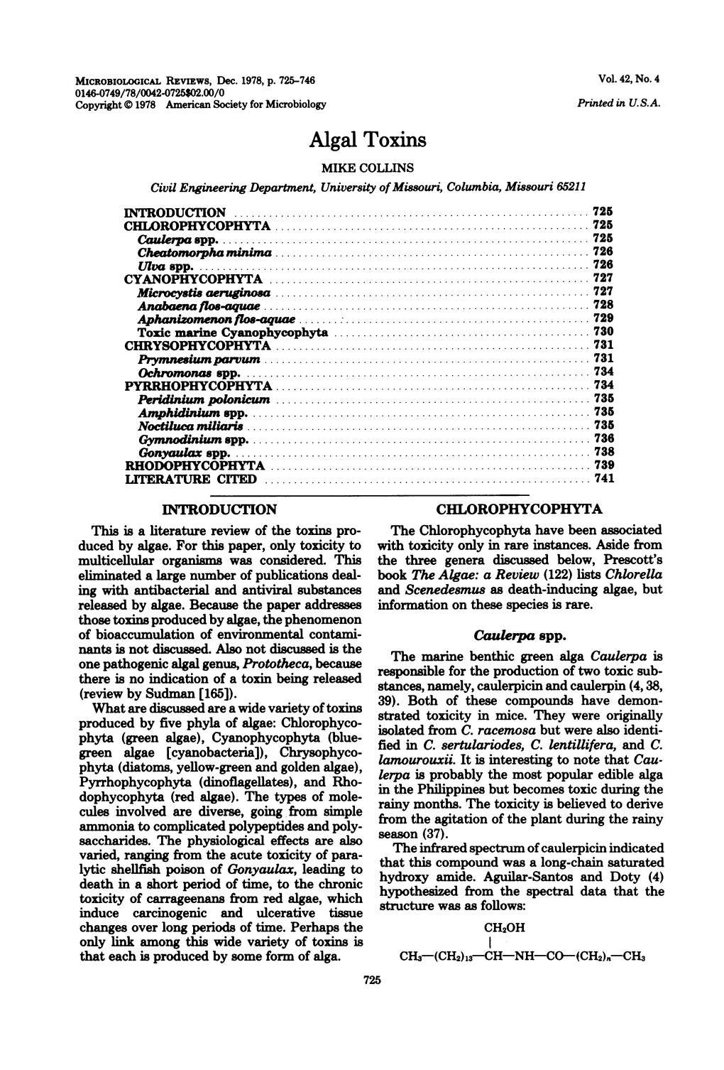 Algal Toxins MIKE COLLINS Civil Engineering Department, University Ofmissouri, Columbia, Missouri 65211