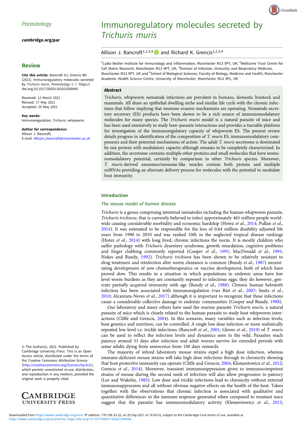 Immunoregulatory Molecules Secreted by Trichuris Muris Cambridge.Org/Par