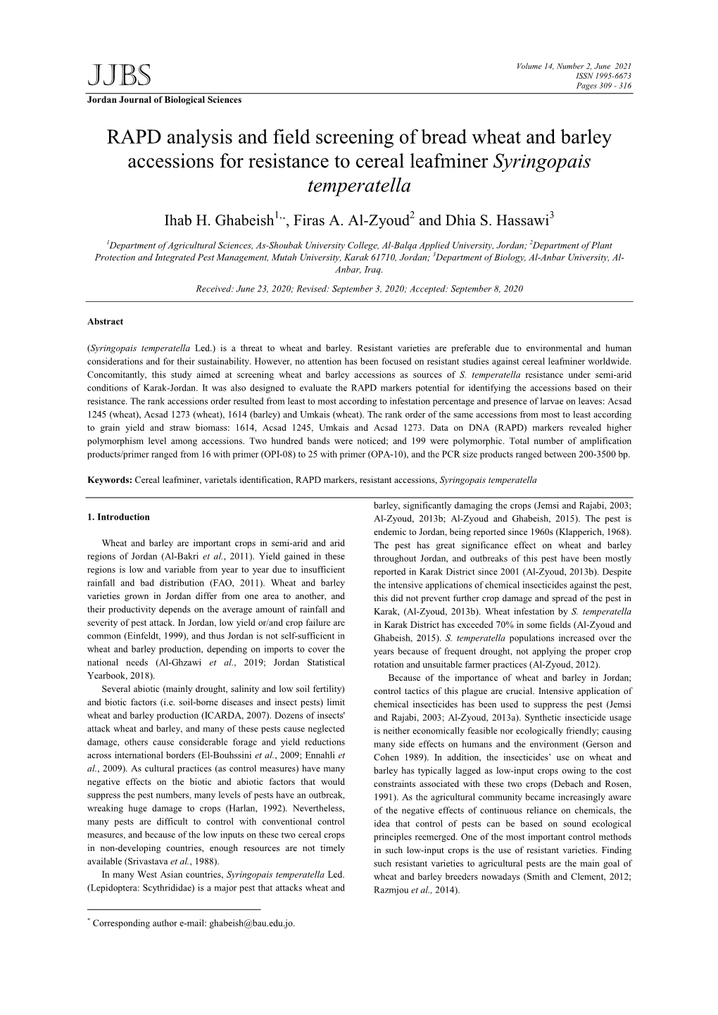 RAPD Analysis and Field Screening of Bread Wheat and Barley Accessions for Resistance to Cereal Leafminer Syringopais Temperatella