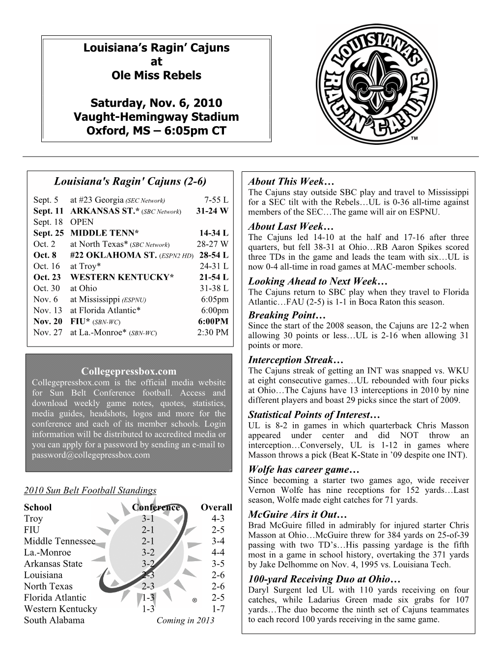 Louisiana's Ragin' Cajuns at Ole Miss Rebels Saturday, Nov. 6, 2010