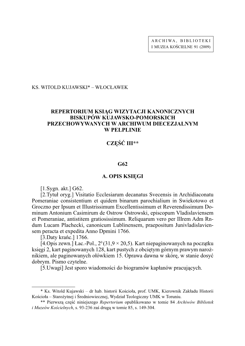 Repertorium Ksiąg Wizytacji Kanonicznych Biskupów Kujawsko-Pomorskich Przechowywanych W Archiwum Diecezjalnym W Pelplinie