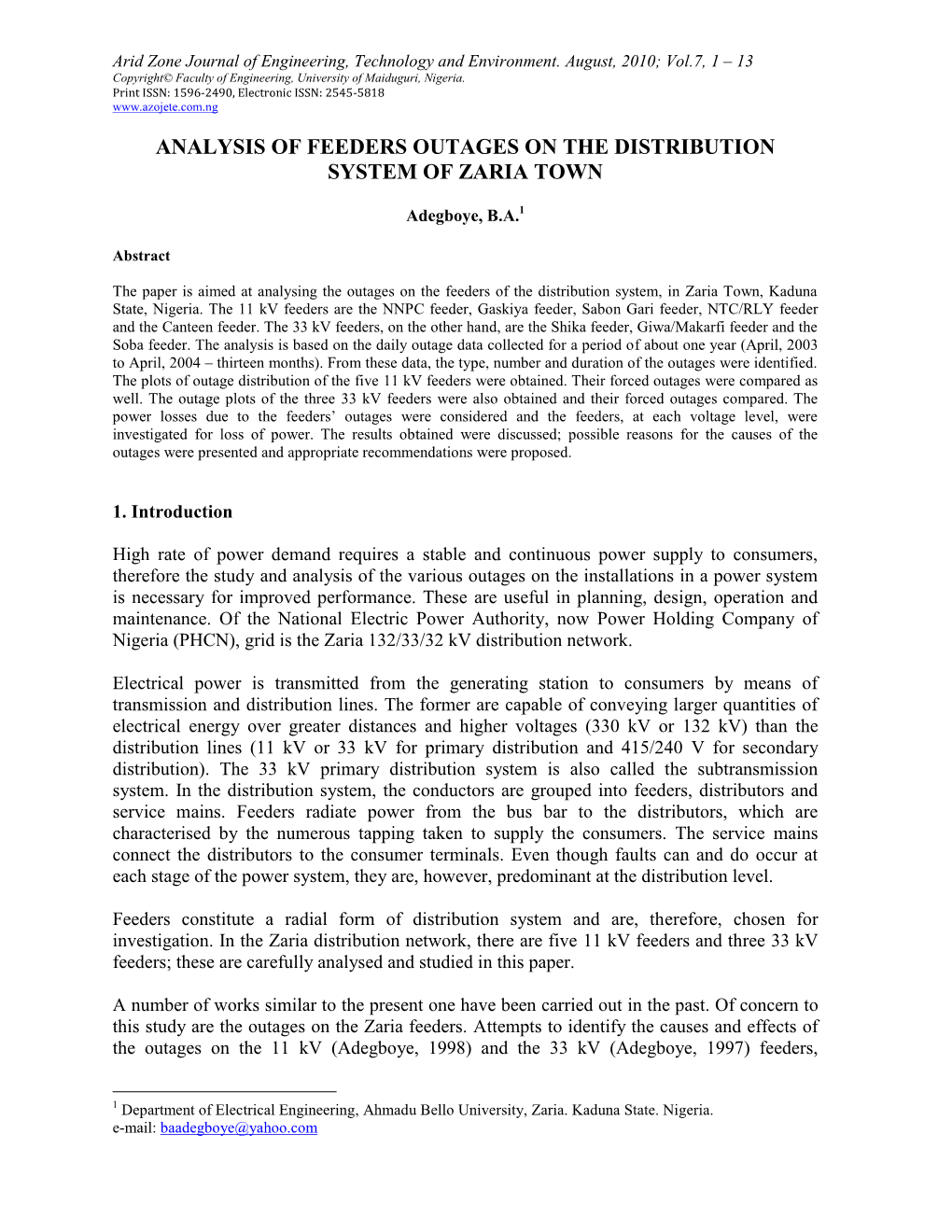 Analysis of Feeders Outages on the Distribution System of Zaria Town