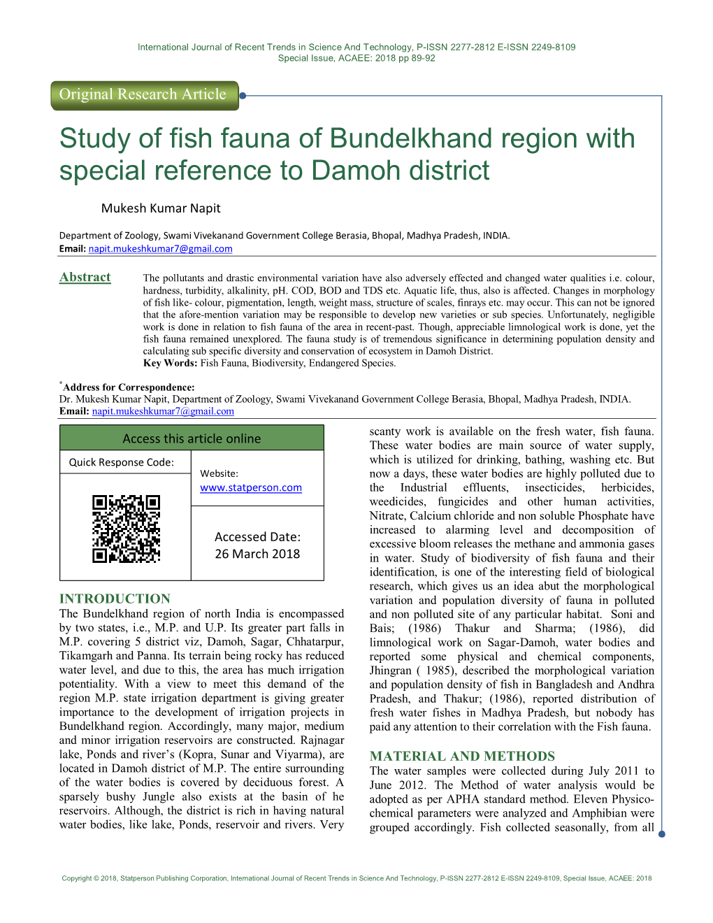 Study of Fish Fauna of Bundelkhand Region with Special Reference to Damoh District