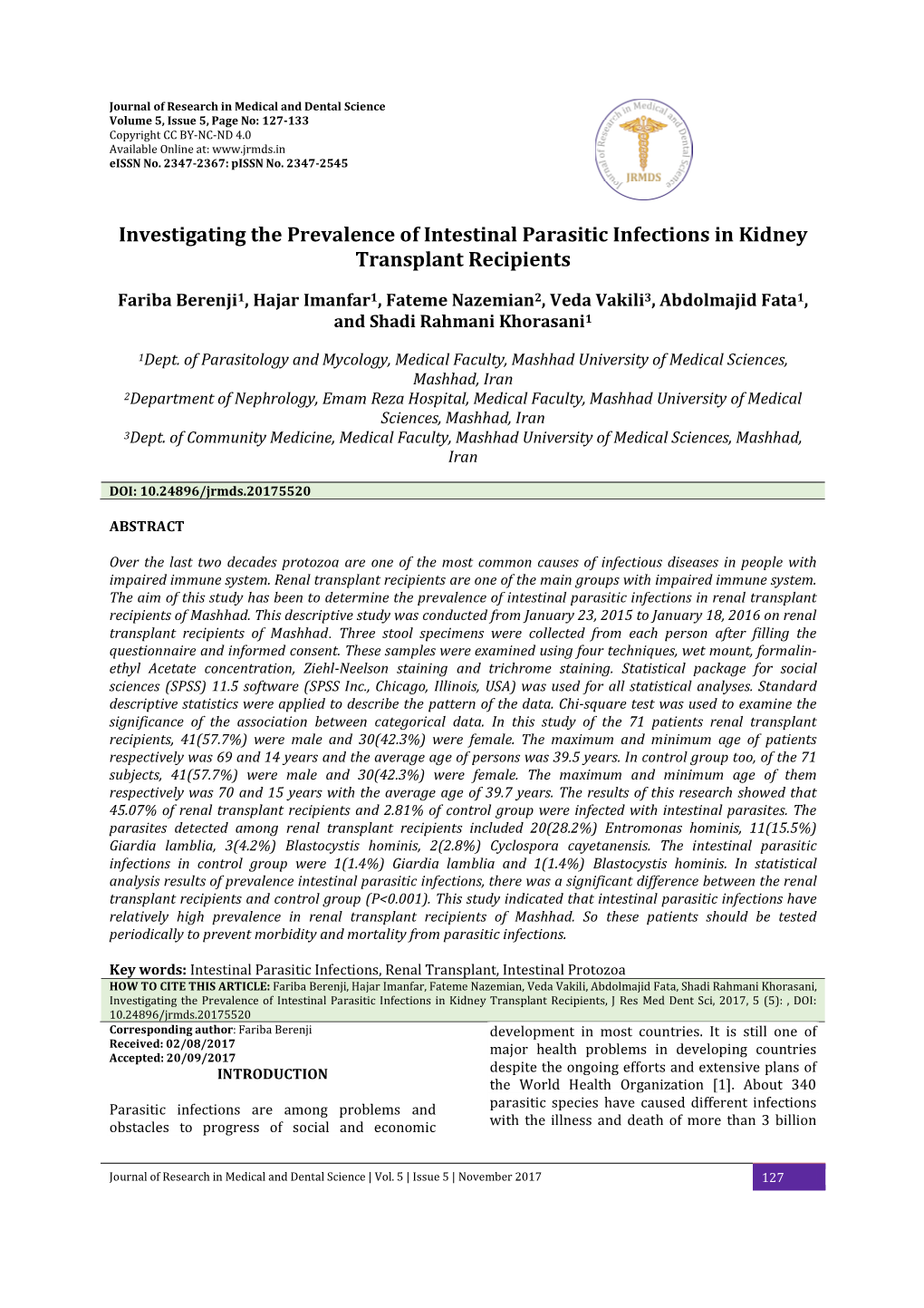 Investigating the Prevalence of Intestinal Parasitic Infections in Kidney Transplant Recipients