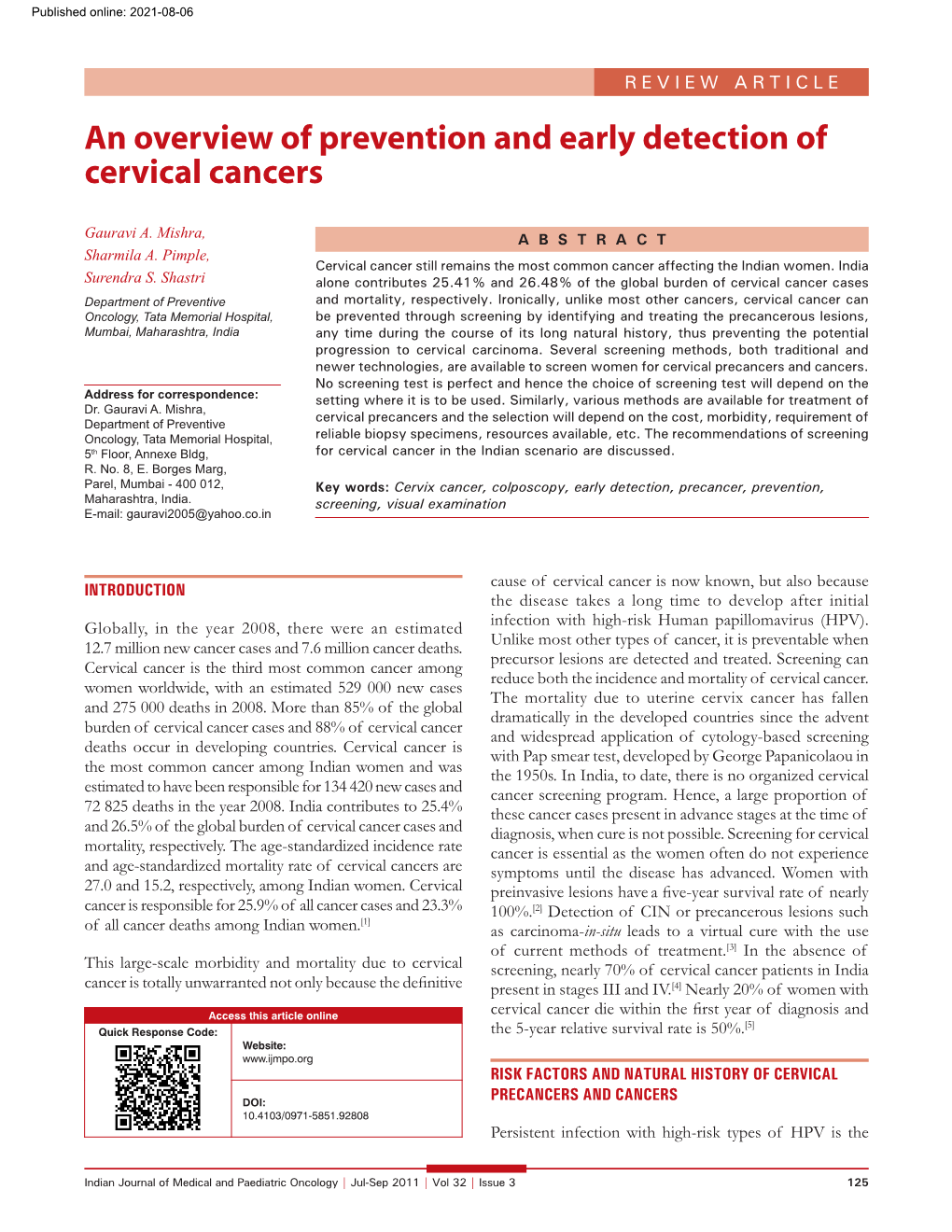 An Overview of Prevention and Early Detection of Cervical Cancers