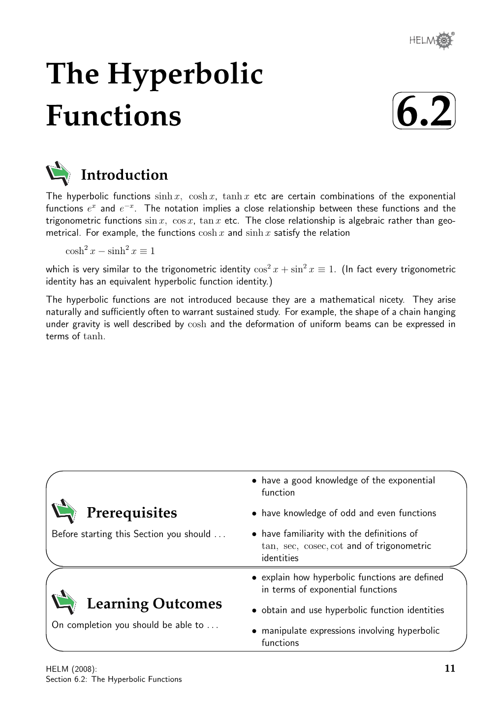 The Hyperbolic Functions 6.2   