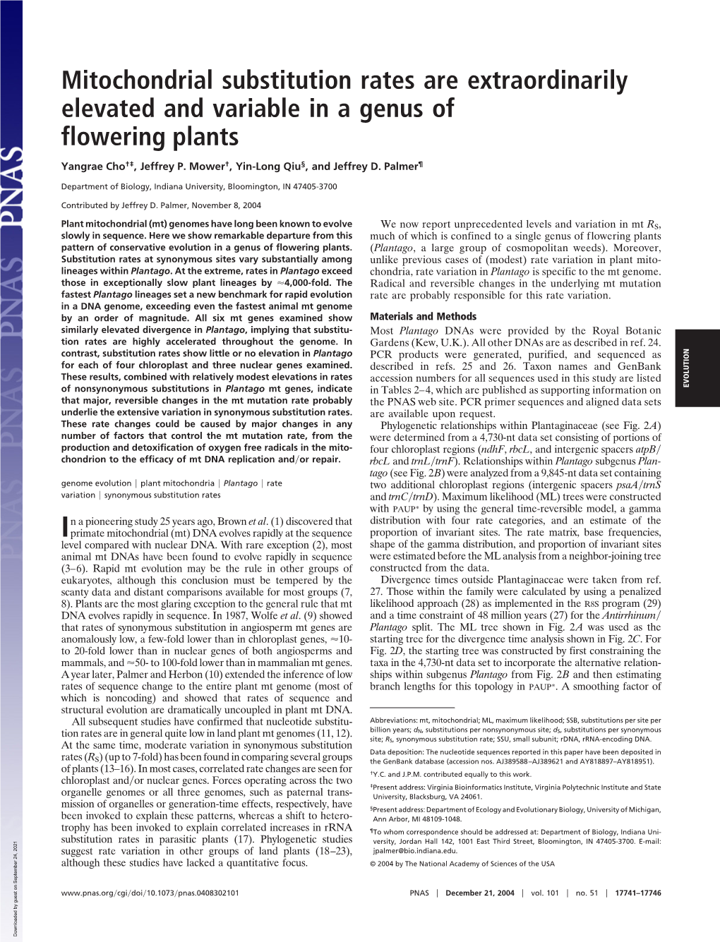 Mitochondrial Substitution Rates Are Extraordinarily Elevated and Variable in a Genus of Flowering Plants