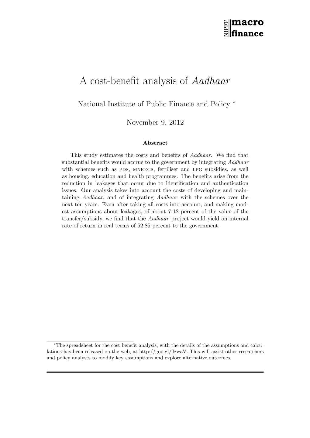 A Cost-Benefit Analysis of Aadhaar