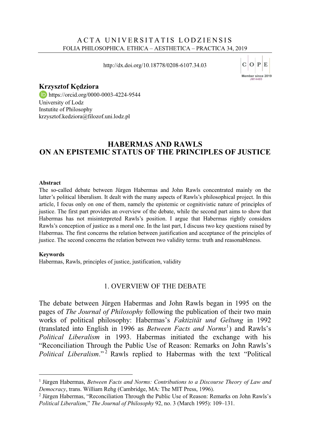 Habermas and Rawls on an Epistemic Status of the Principles of Justice