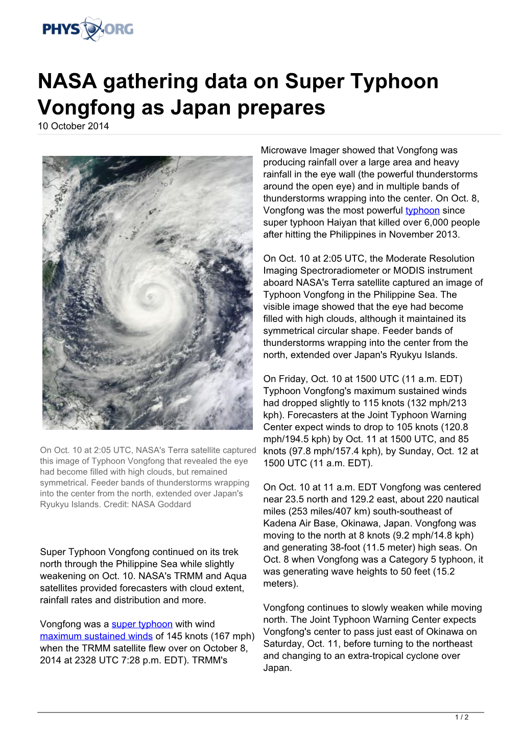 NASA Gathering Data on Super Typhoon Vongfong As Japan Prepares 10 October 2014