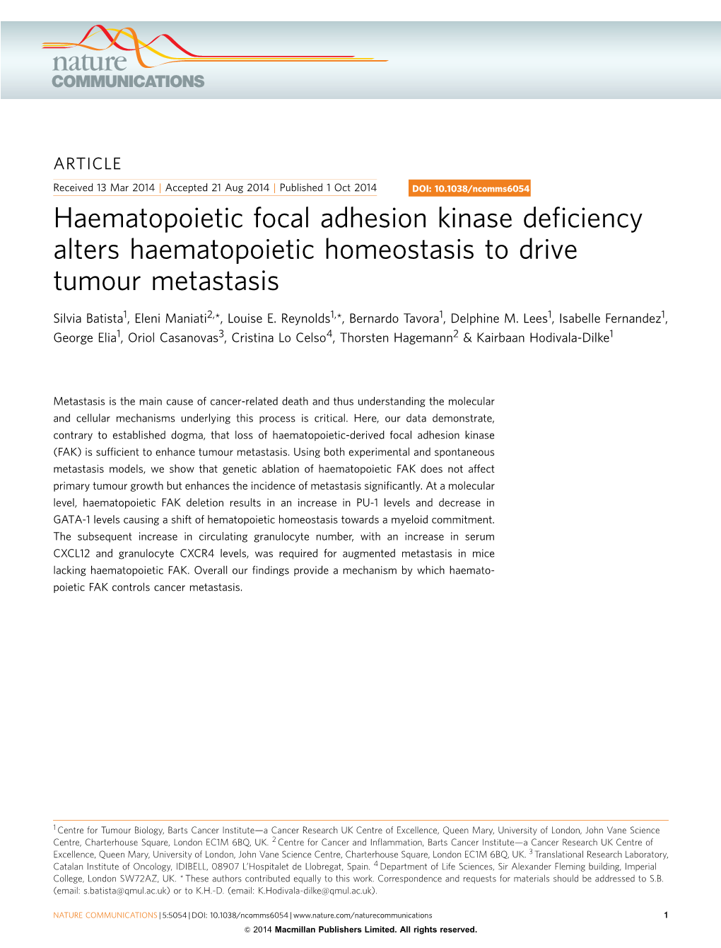 Haematopoietic Focal Adhesion Kinase Deficiency Alters Haematopoietic