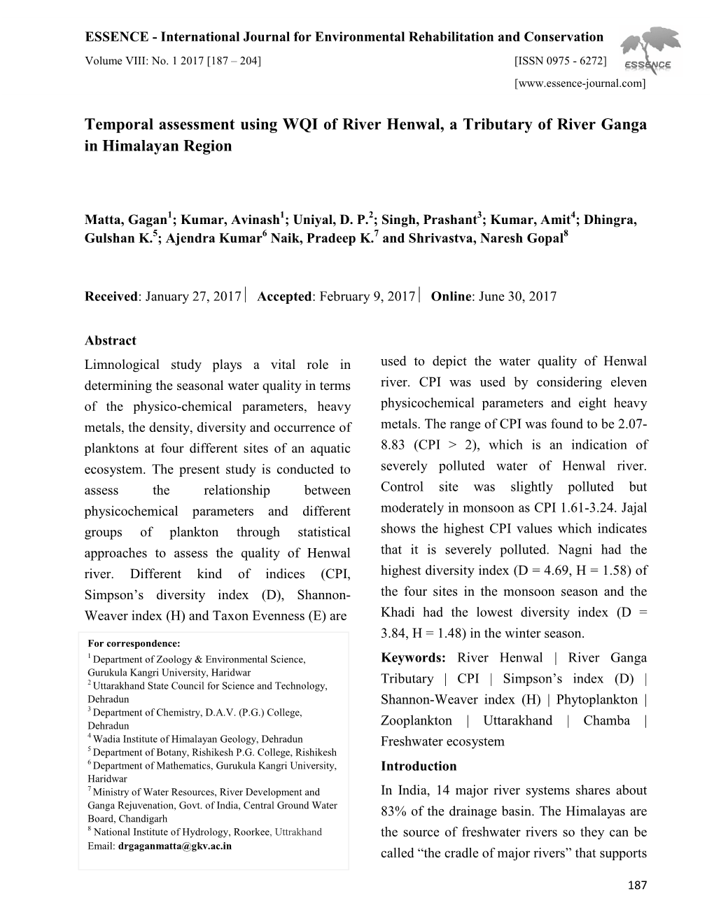 Temporal Assessment Using WQI of River Henwal, a Tributary of River Ganga in Himalayan Region