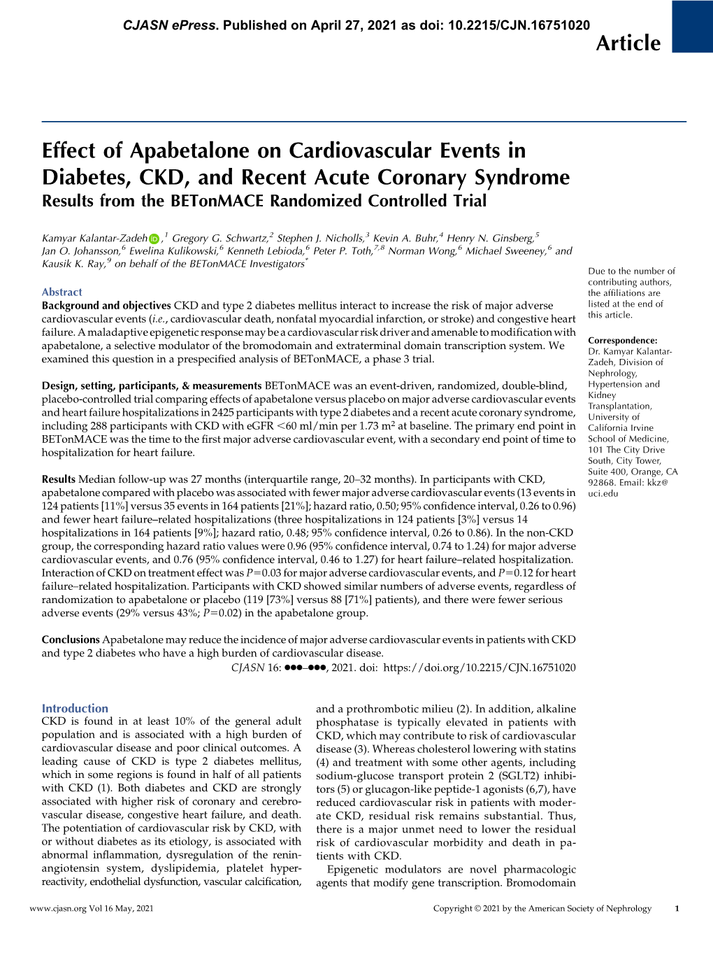 Article Effect of Apabetalone on Cardiovascular Events in Diabetes