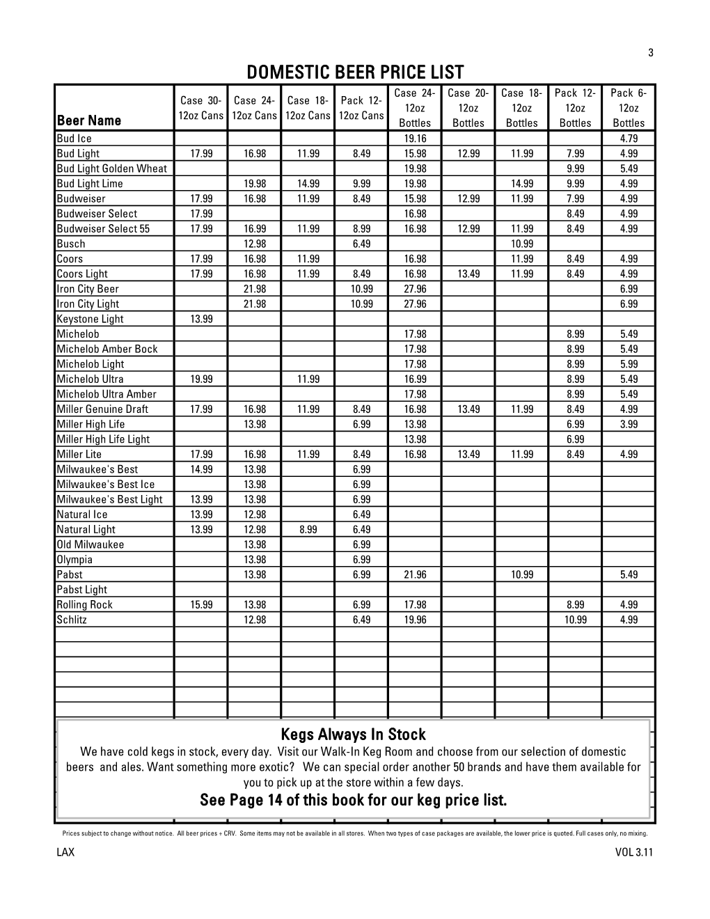 Domestic Beer Price List