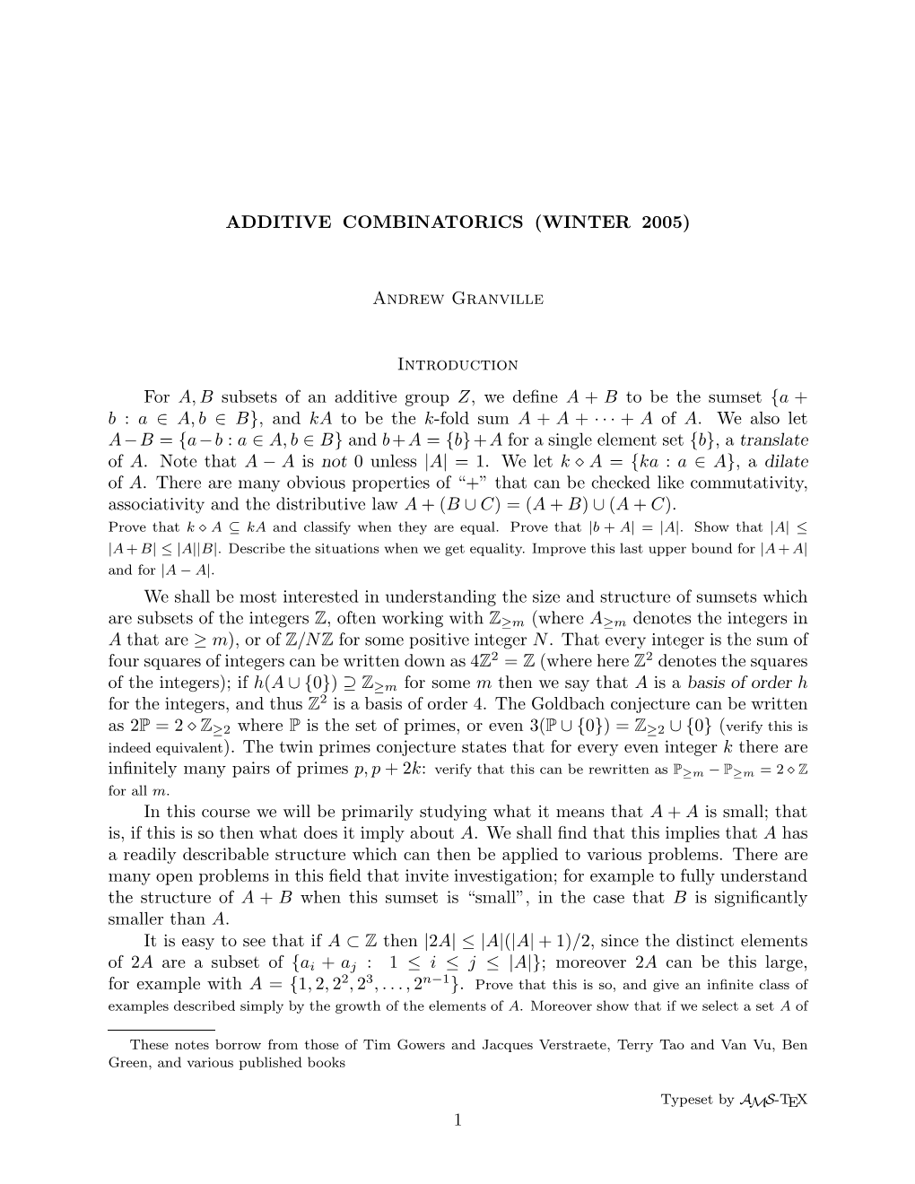 Andrew Granville Introduction for A, B Subsets of an Additive Group Z, We