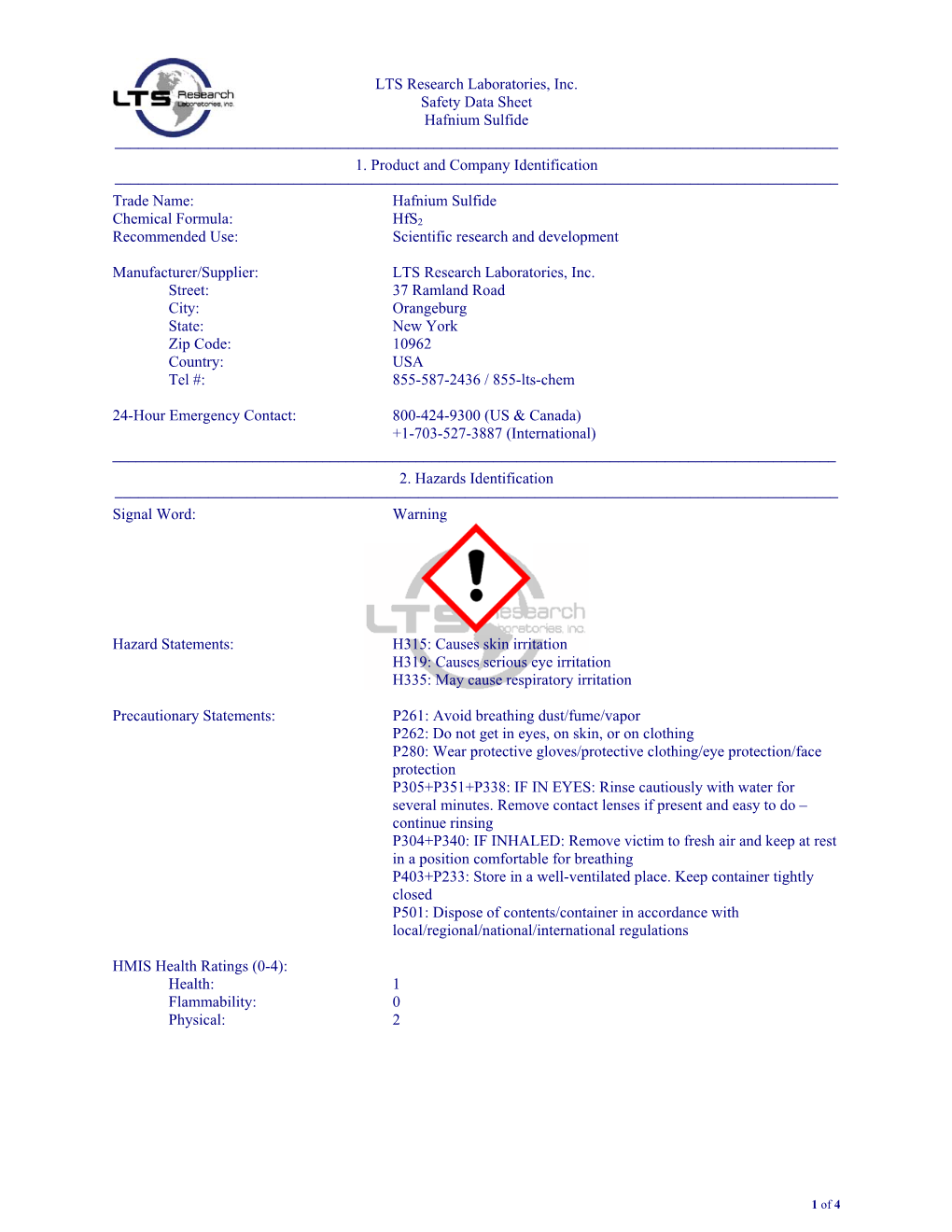 LTS Research Laboratories, Inc. Safety Data Sheet Hafnium Sulfide –––––––––––––––––––– 1