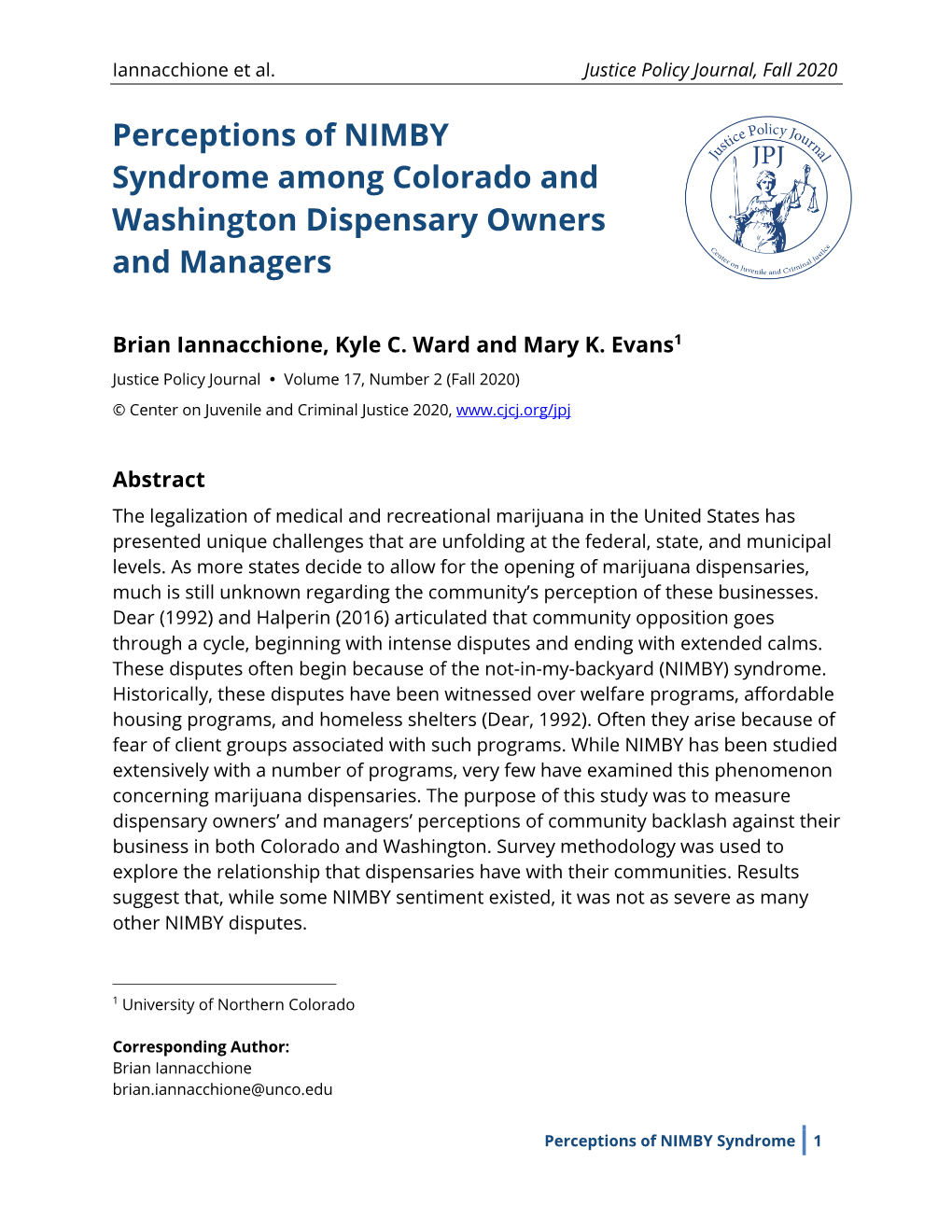 Perceptions of NIMBY Syndrome Among Colorado and Washington Dispensary Owners and Managers