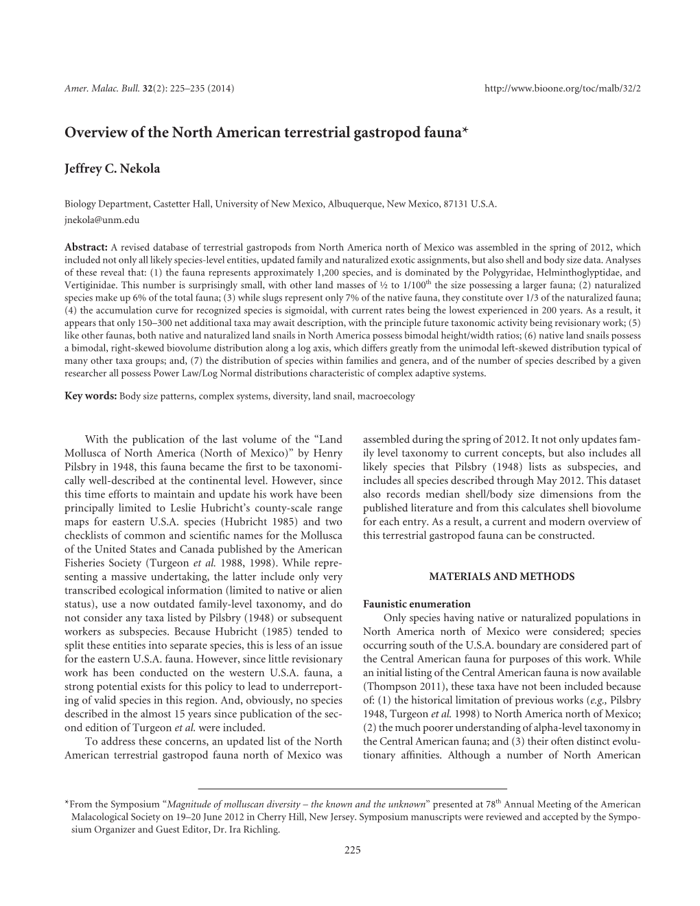 Overview of the North American Terrestrial Gastropod Fauna*