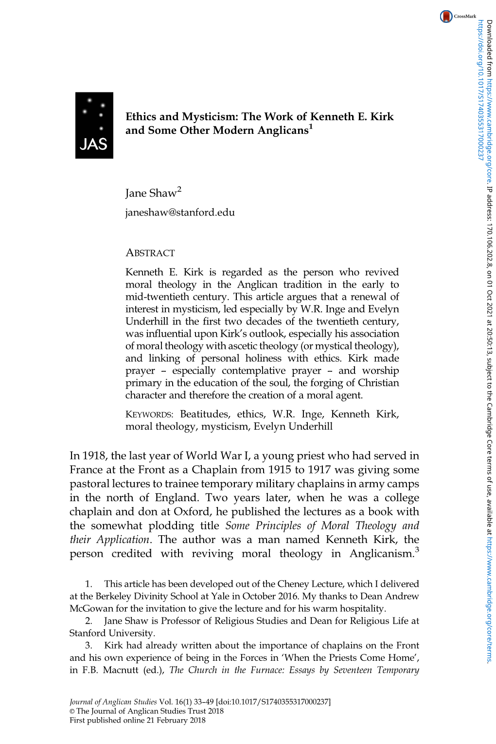 Ethics and Mysticism: the Work of Kenneth E. Kirk and Some Other Modern Anglicans1 Jane Shaw2 in 1918, the Last Year of World Wa