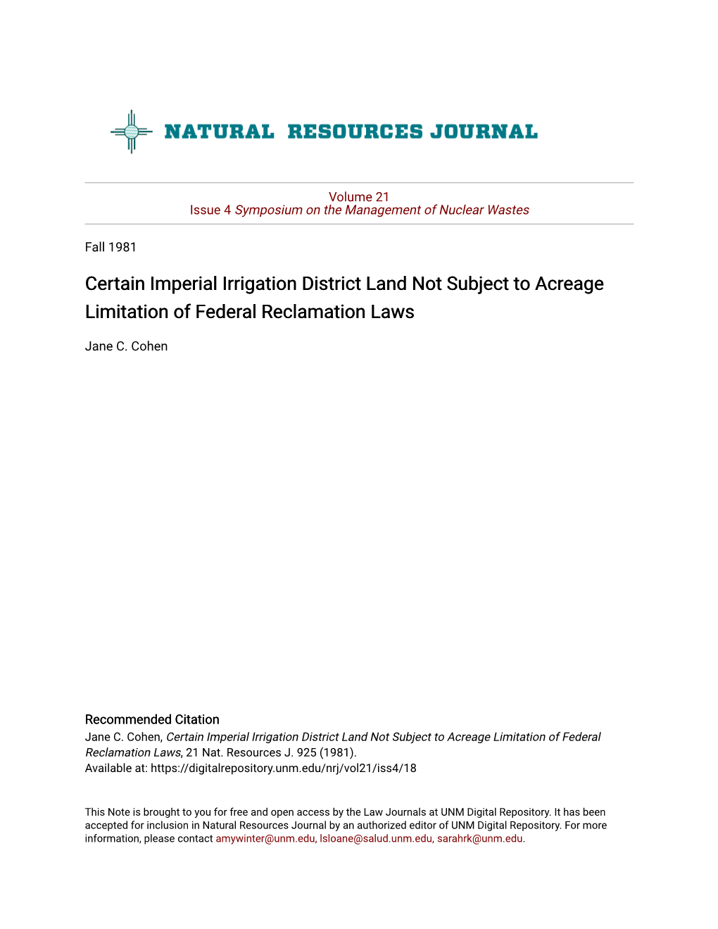 Certain Imperial Irrigation District Land Not Subject to Acreage Limitation of Federal Reclamation Laws