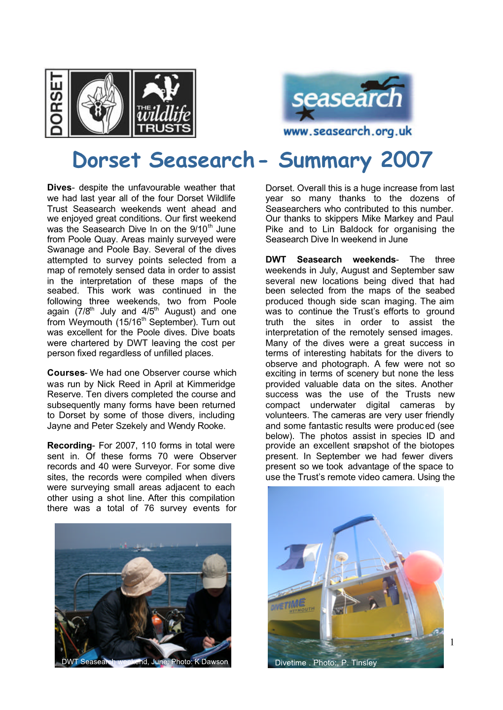 Dorset Seasearch- Summary 2007