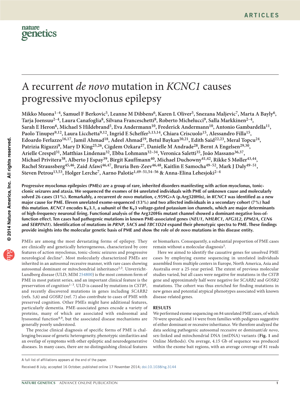 A Recurrent De Novo Mutation in KCNC1 Causes Progressive Myoclonus Epilepsy