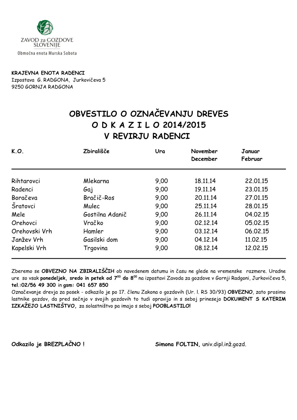 Obvestilo O Označevanju Dreves O D K a Z I L O 2014/2015 V Revirju Radenci