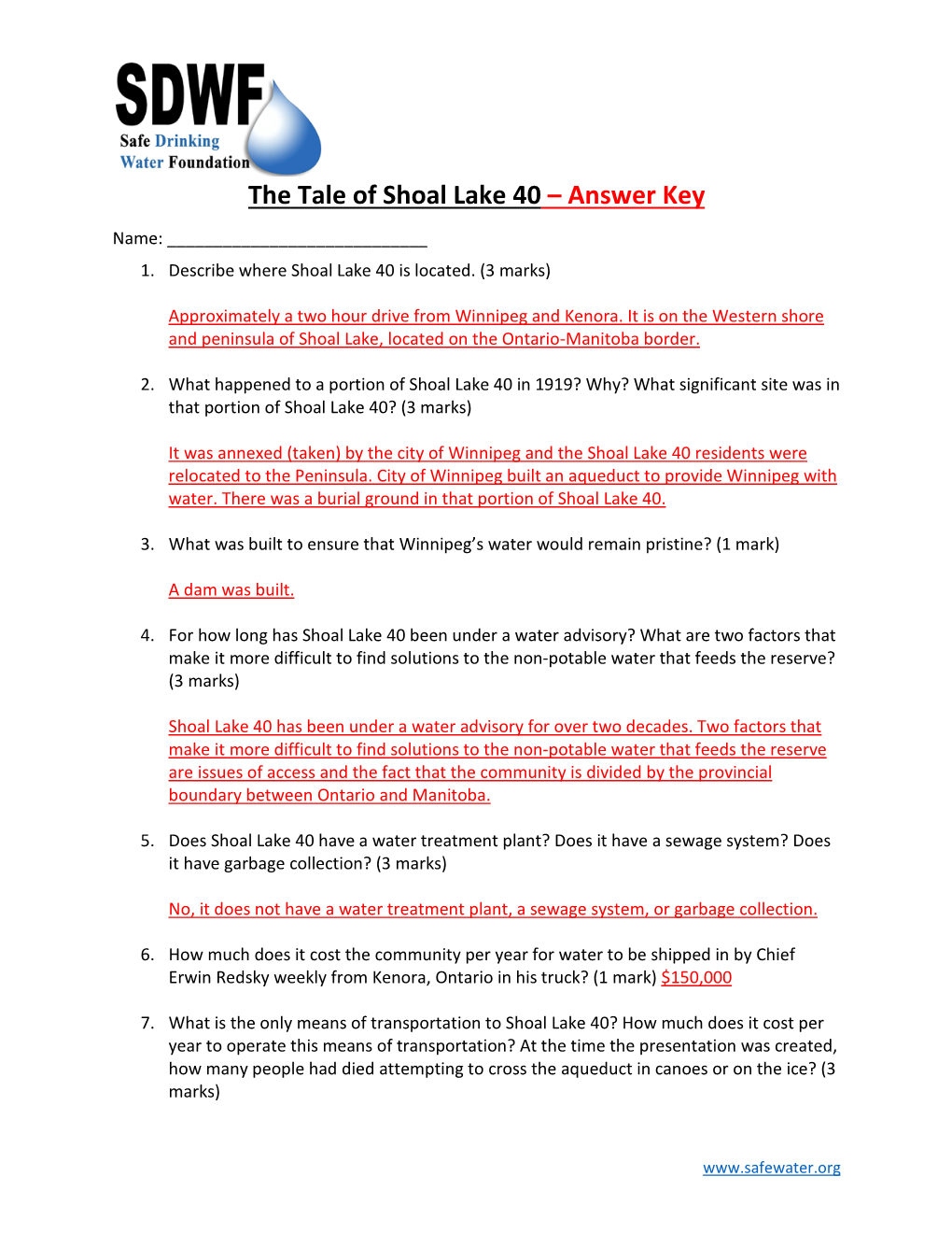 The Tale of Shoal Lake 40 – Answer Key Name: ______1