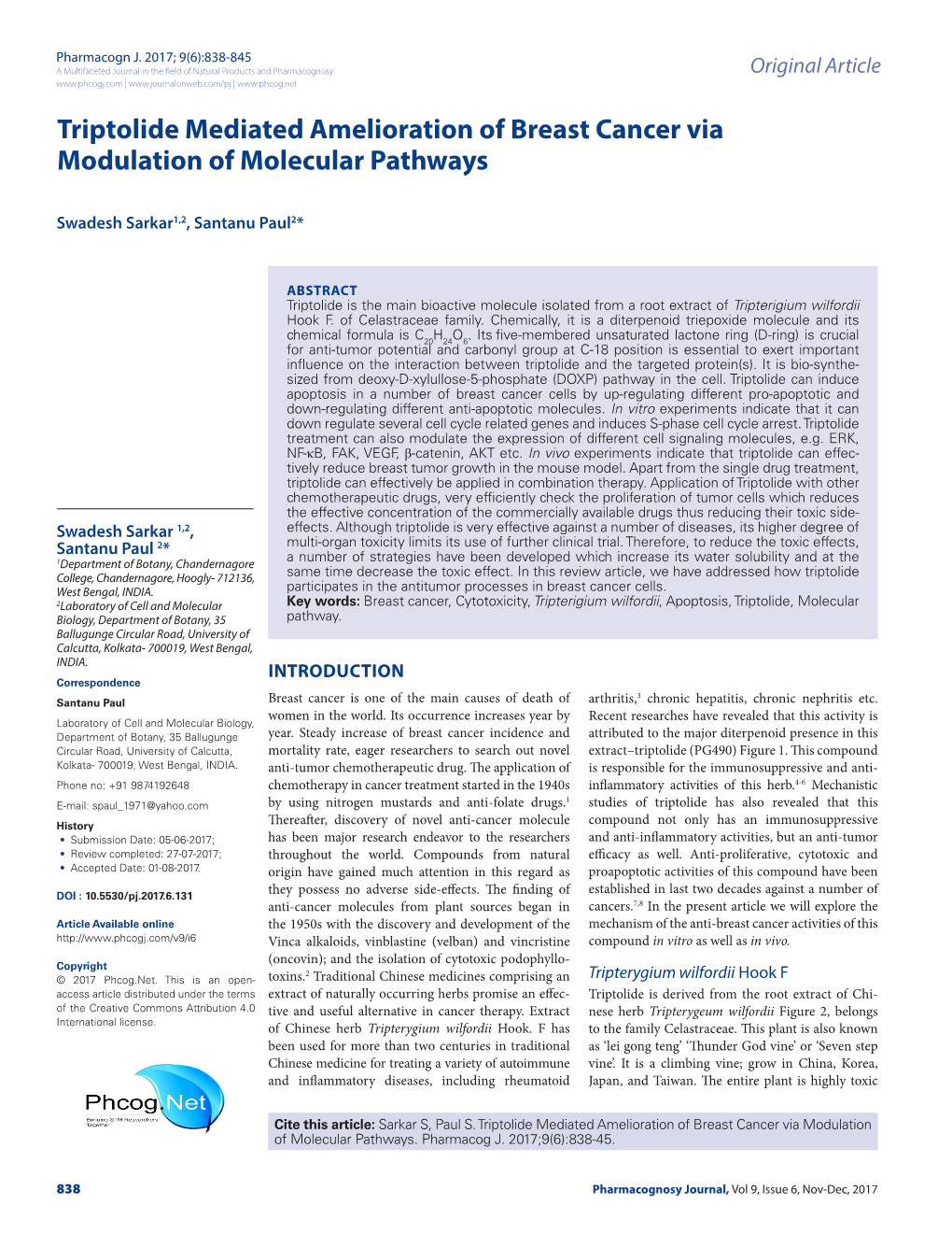 Triptolide Mediated Amelioration of Breast Cancer Via Modulation of Molecular Pathways