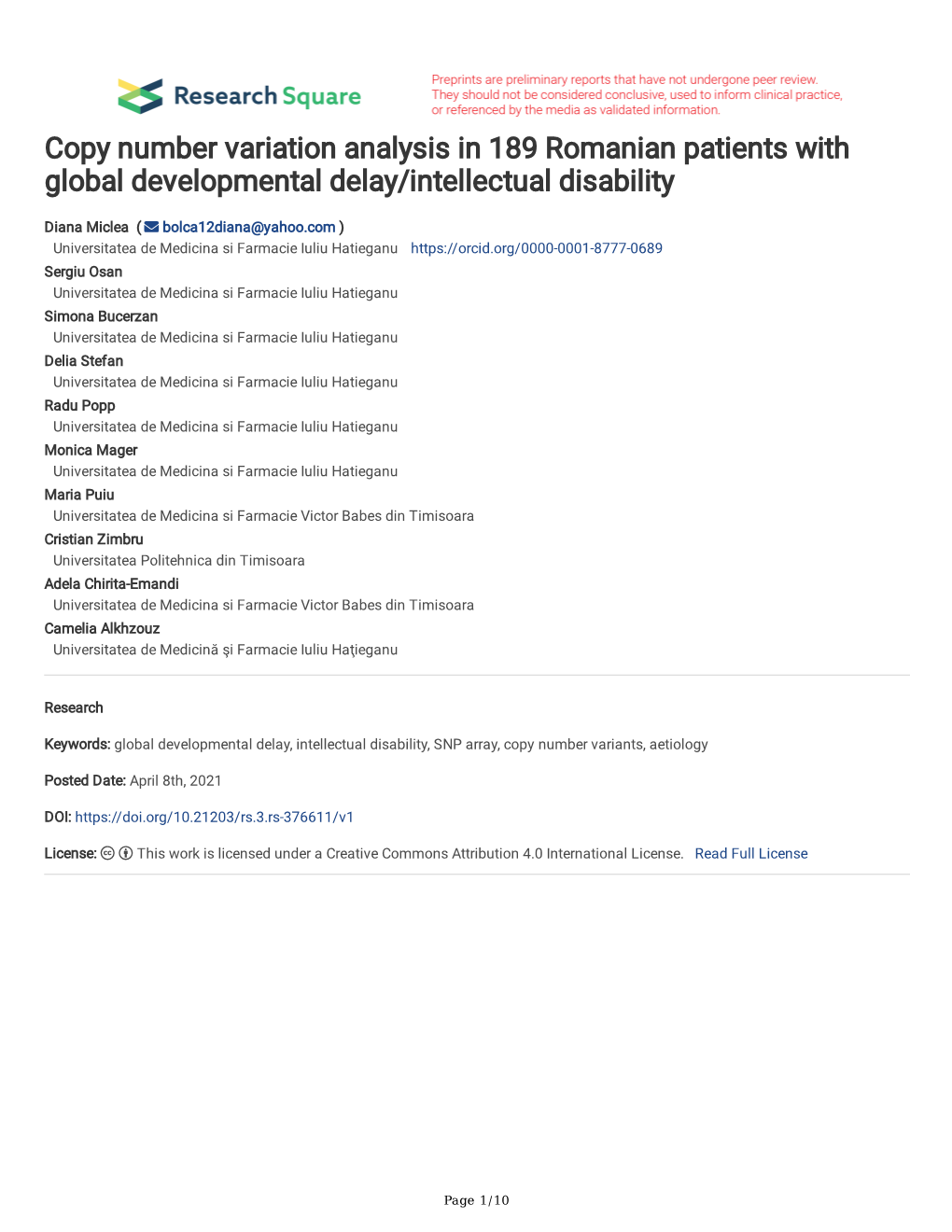 Copy Number Variation Analysis in 189 Romanian Patients with Global Developmental Delay/Intellectual Disability