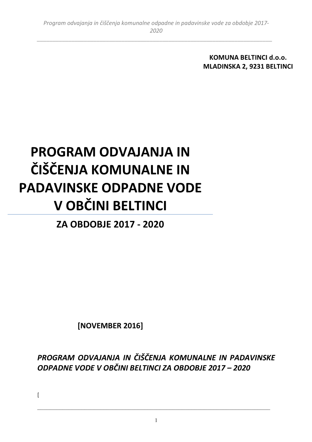 Program Odvajanja in Čiščenja Komunalne in Padavinske Odpadne Vode V Občini Beltinci Za Obdobje 2017 - 2020