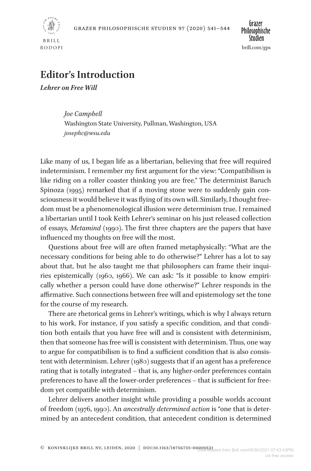 Downloaded from Brill.Com09/26/2021 07:43:43PM Via Free Access 542 Joe Campbell by an Antecedent Condition, and So Forth” (1990, 76)