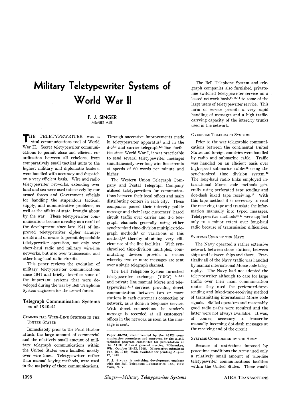 Military Teletypewriter Systems of World War II