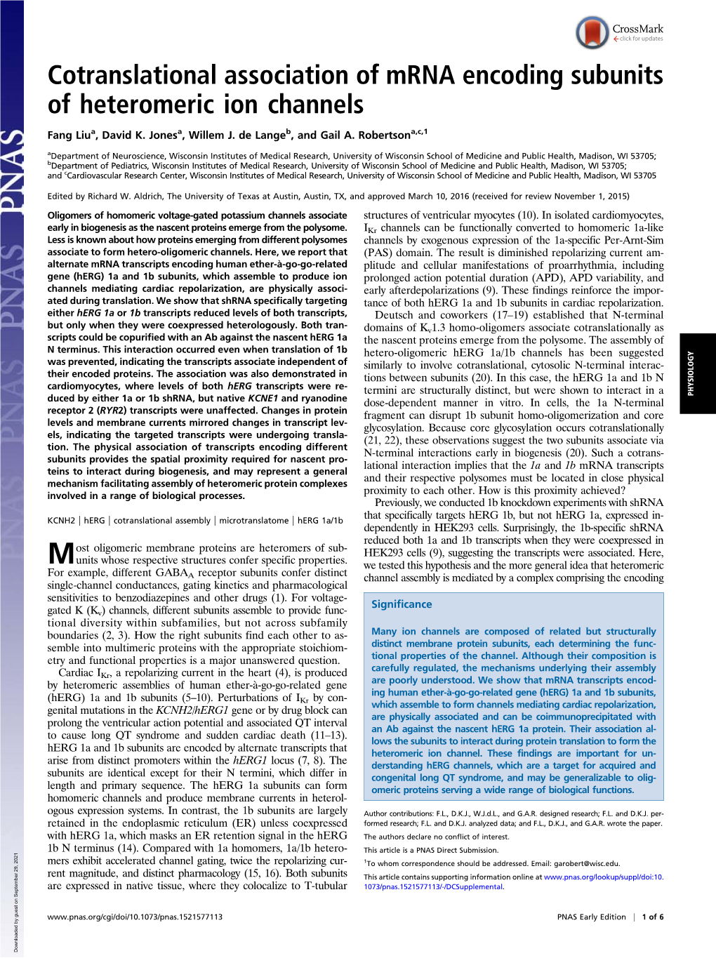 Cotranslational Association of Mrna Encoding Subunits of Heteromeric Ion Channels