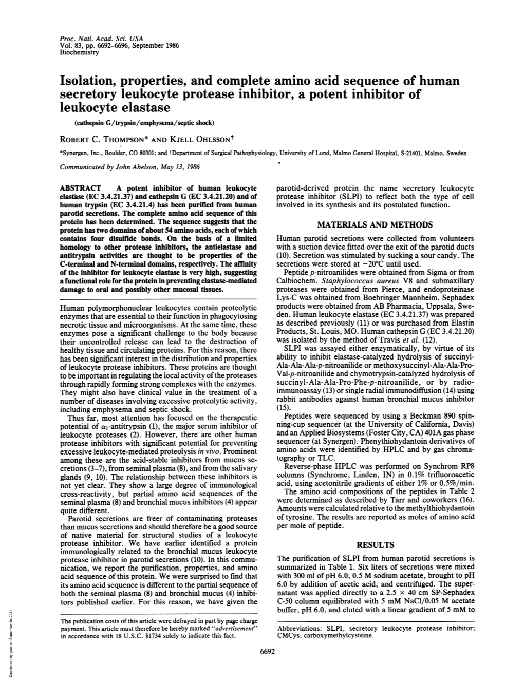 Isolation, Properties, and Complete Amino Acid Sequence of Human