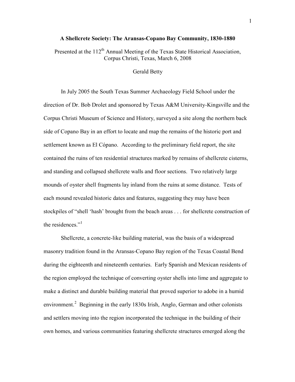 A Shellcrete Society: the Aransas-Copano Bay Community, 1830-1880