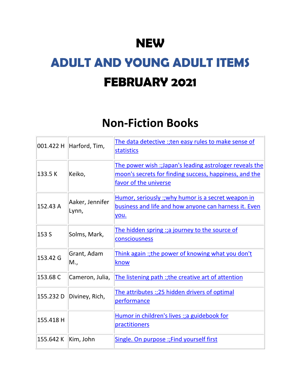 NEW ADULT and YOUNG ADULT ITEMS FEBRUARY 2021 Non