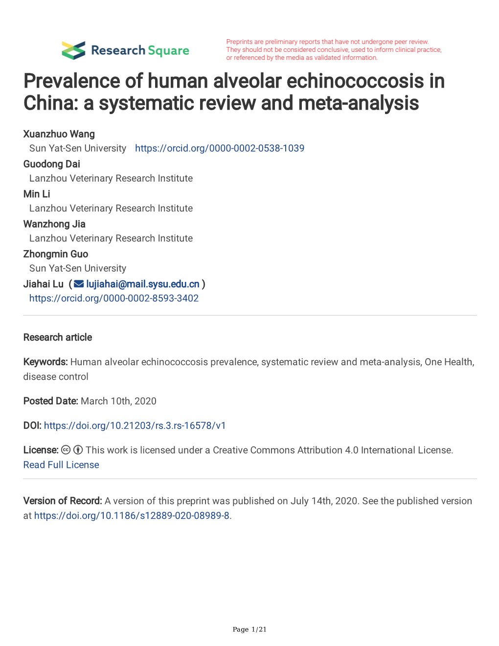 Prevalence of Human Alveolar Echinococcosis in China: a Systematic Review and Meta-Analysis
