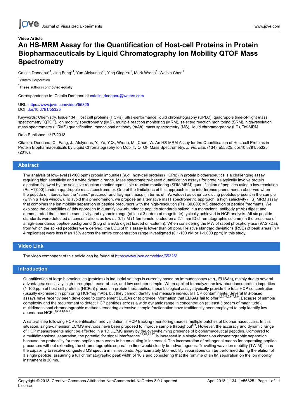 An HS-MRM Assay for the Quantification of Host-Cell Proteins in Protein Biopharmaceuticals by Liquid Chromatography Ion Mobility QTOF Mass Spectrometry